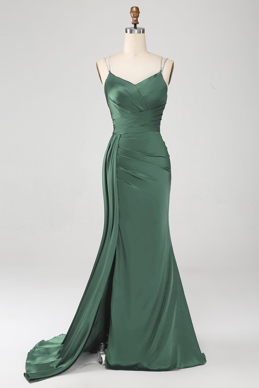 Navy Mermaid Spaghetti Straps Corset Pleated Long Ball Dress with Slit