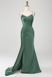 Navy Mermaid Spaghetti Straps Corset Pleated Long Ball Dress with Slit