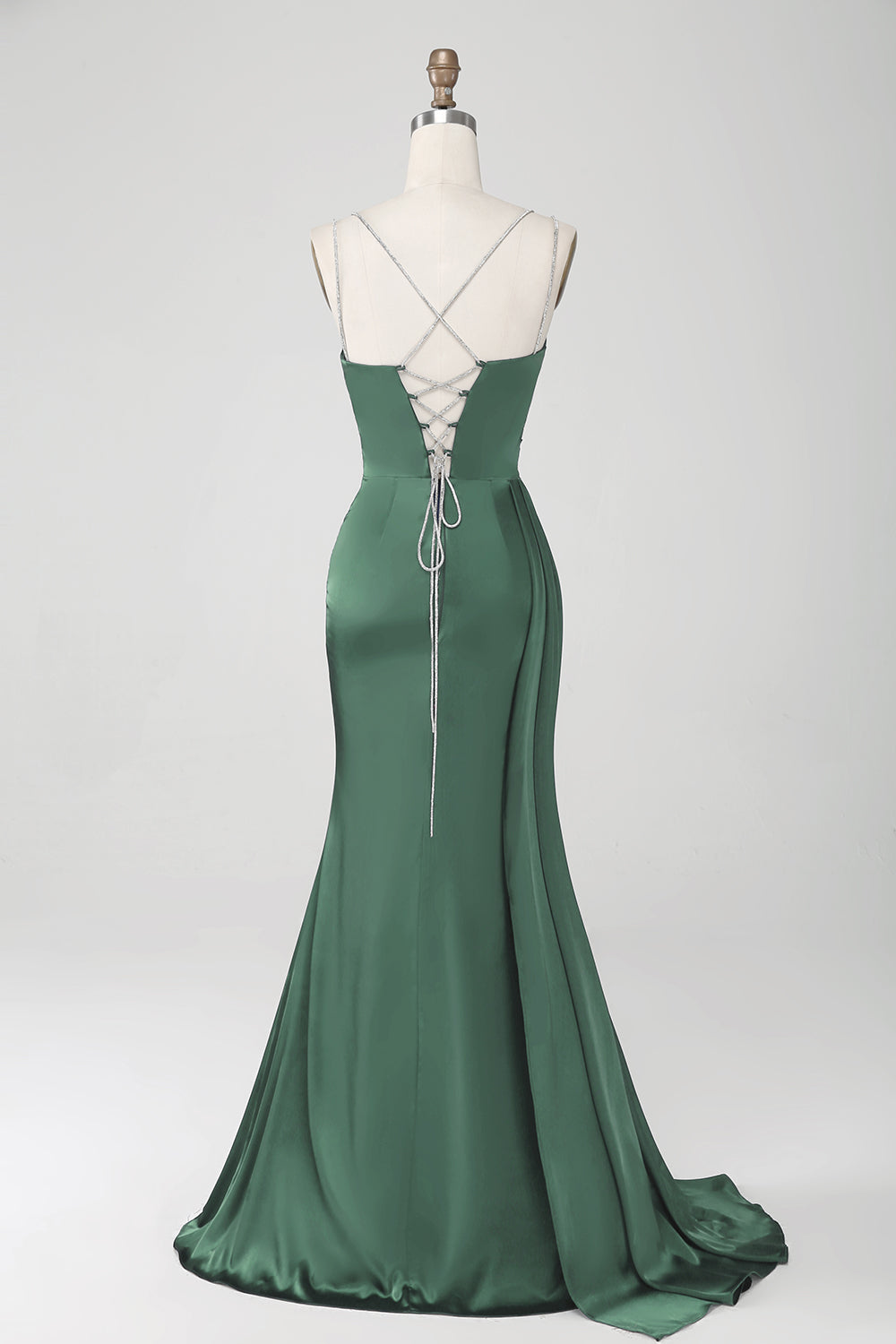 Navy Mermaid Spaghetti Straps Corset Pleated Long Ball Dress with Slit