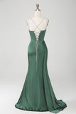 Navy Mermaid Spaghetti Straps Corset Pleated Long Ball Dress with Slit