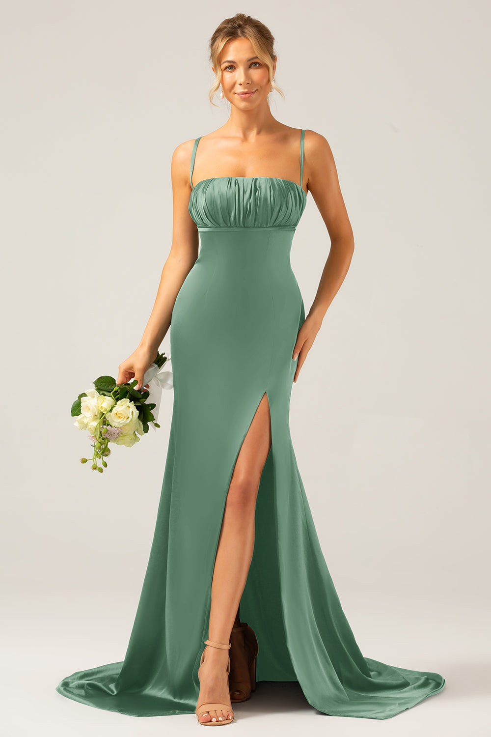 Dusty Sage Mermaid Spaghetti Straps Satin Pleated Ball Dress
