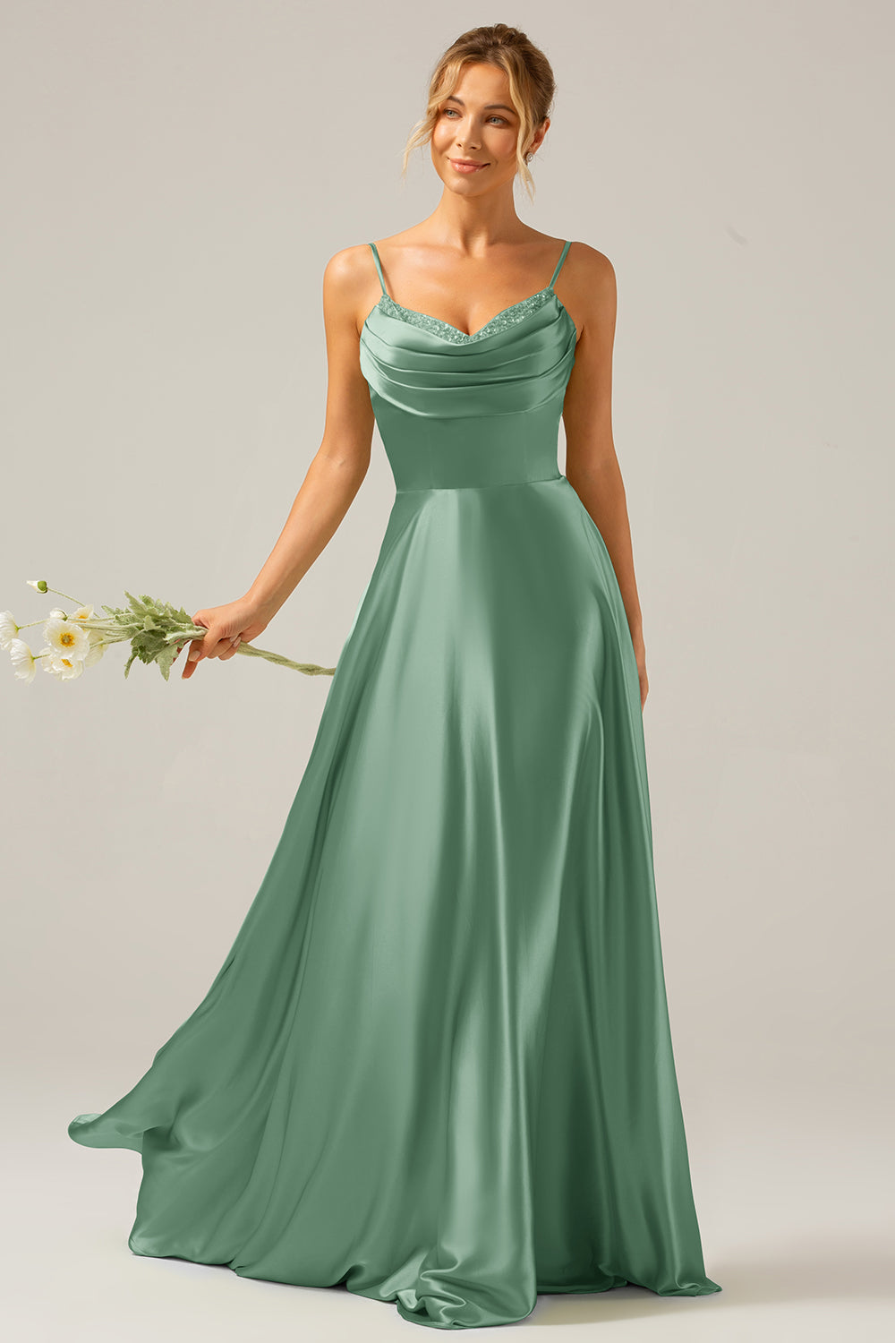 Dark Green A Line Cowl Neck Satin Pleated Long Ball Dress