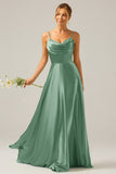 Dark Green A Line Cowl Neck Satin Pleated Long Ball Dress