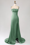 Dusty Sage Mermaid Spaghetti Straps Satin Ball Dress with Pleated