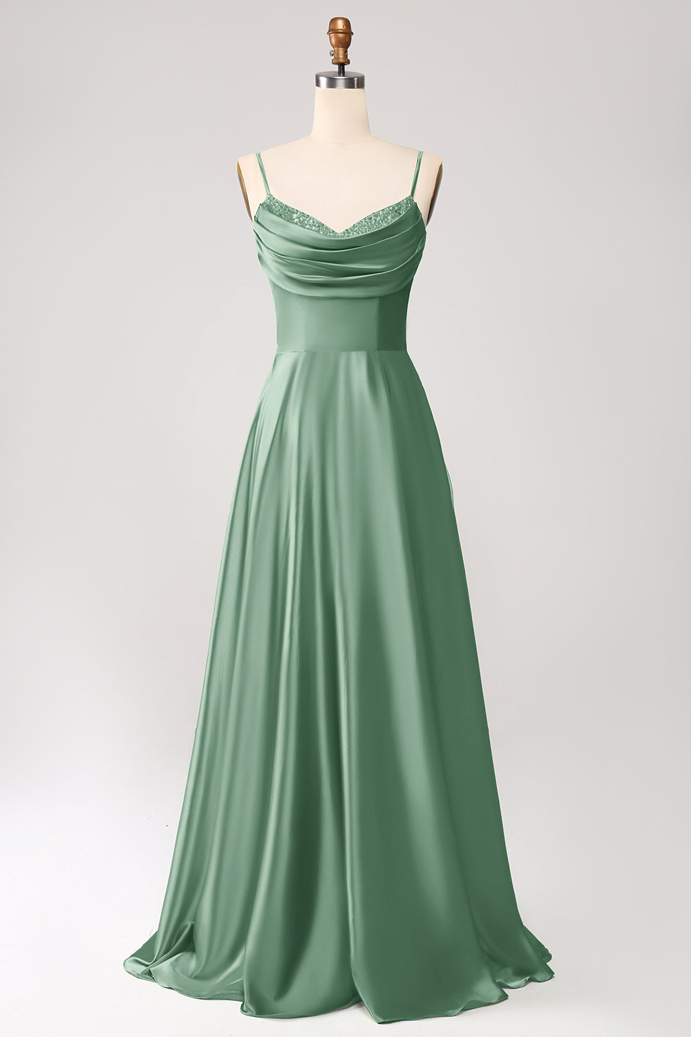 Dark Green A Line Cowl Neck Satin Long Ball Dress with Pleated