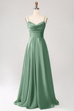 Dark Green A Line Cowl Neck Satin Long Ball Dress with Pleated