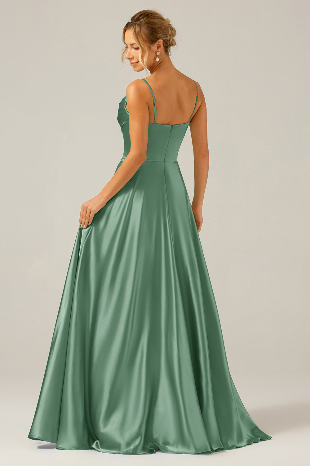 Dark Green A Line Cowl Neck Satin Pleated Long Ball Dress