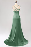 Dusty Sage Mermaid Spaghetti Straps Satin Ball Dress with Pleated