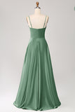 Dark Green A Line Cowl Neck Satin Long Ball Dress with Pleated