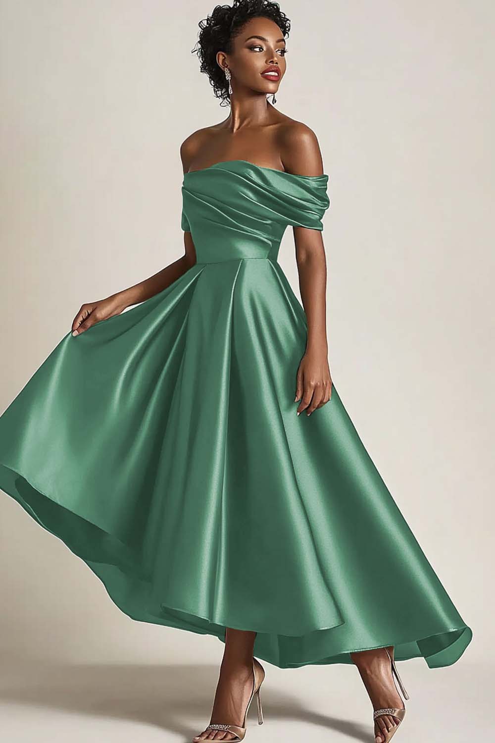 Olive A-Line Off the Shoulder Ruched Satin Ankle Length Mother of the Bride Dress