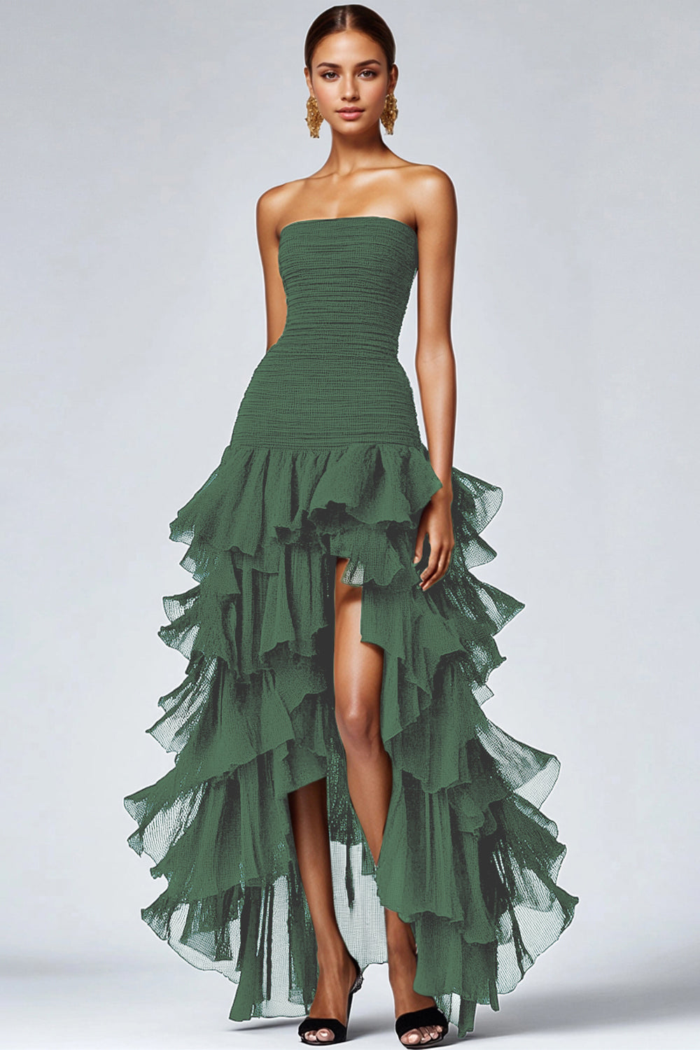 Strapless Black Tiered Ruffles Tulle Formal Dress