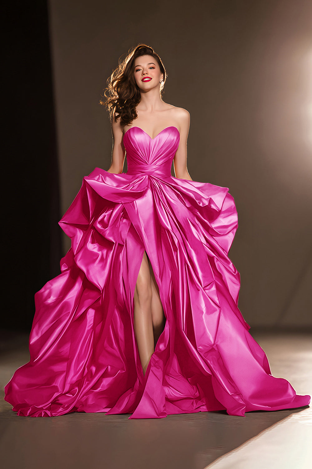 A Line Sweetheart Dark Red Ruffle Pageant Dress with Slit