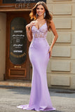Lilac Mermaid V Neck Open Back Beaded Ball Dresses with Appliques