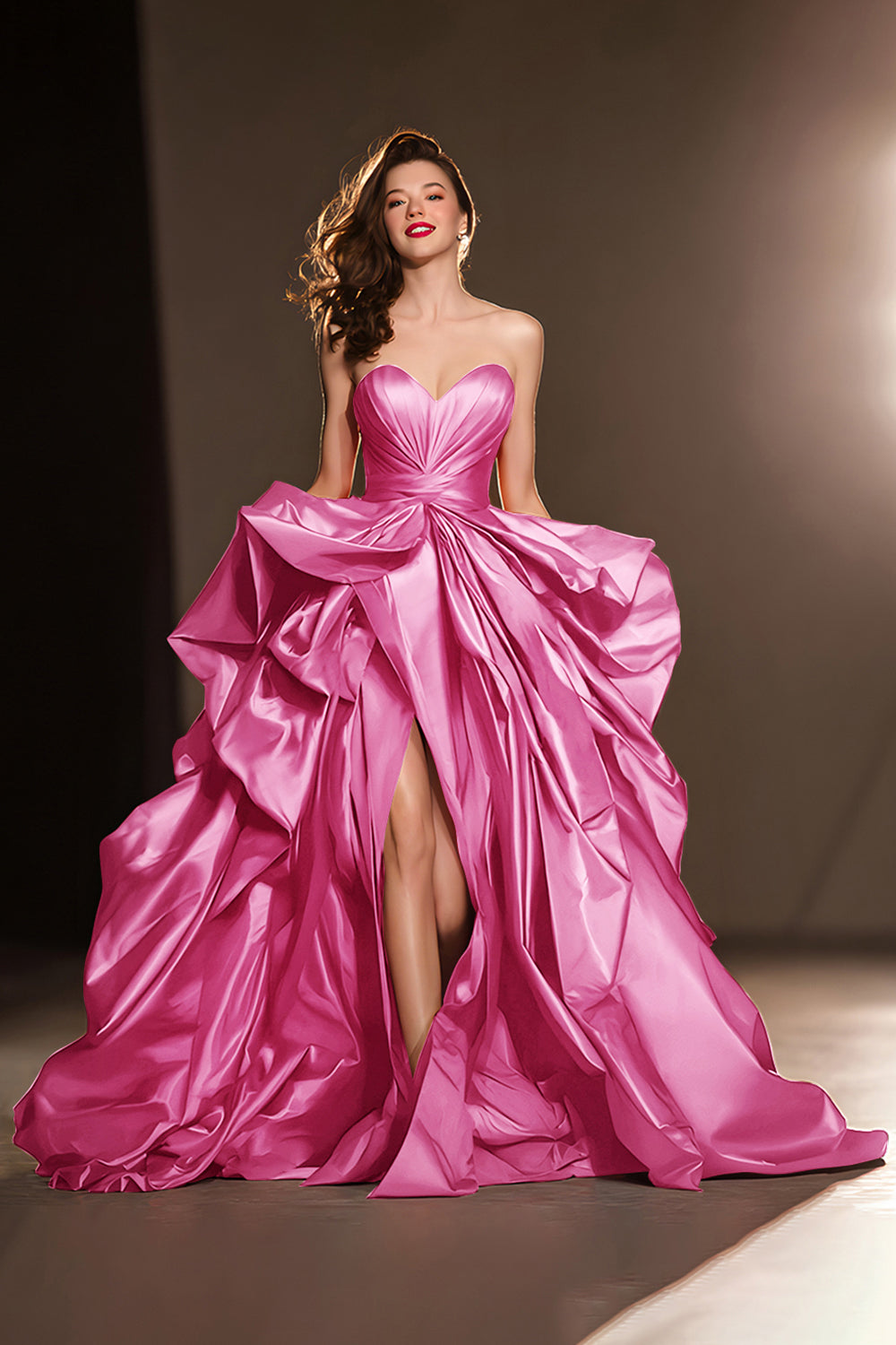 A Line Sweetheart Dark Red Ruffle Pageant Dress with Slit