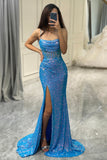 Spaghetti Straps Blue Sparkly Corset Ball Dress with Slit