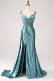Blue Mermaid V-Neck Satin Long Appliques Sequin Ball Dress With Slit