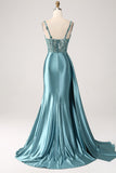 Blue Mermaid V-Neck Satin Long Appliques Sequin Ball Dress With Slit