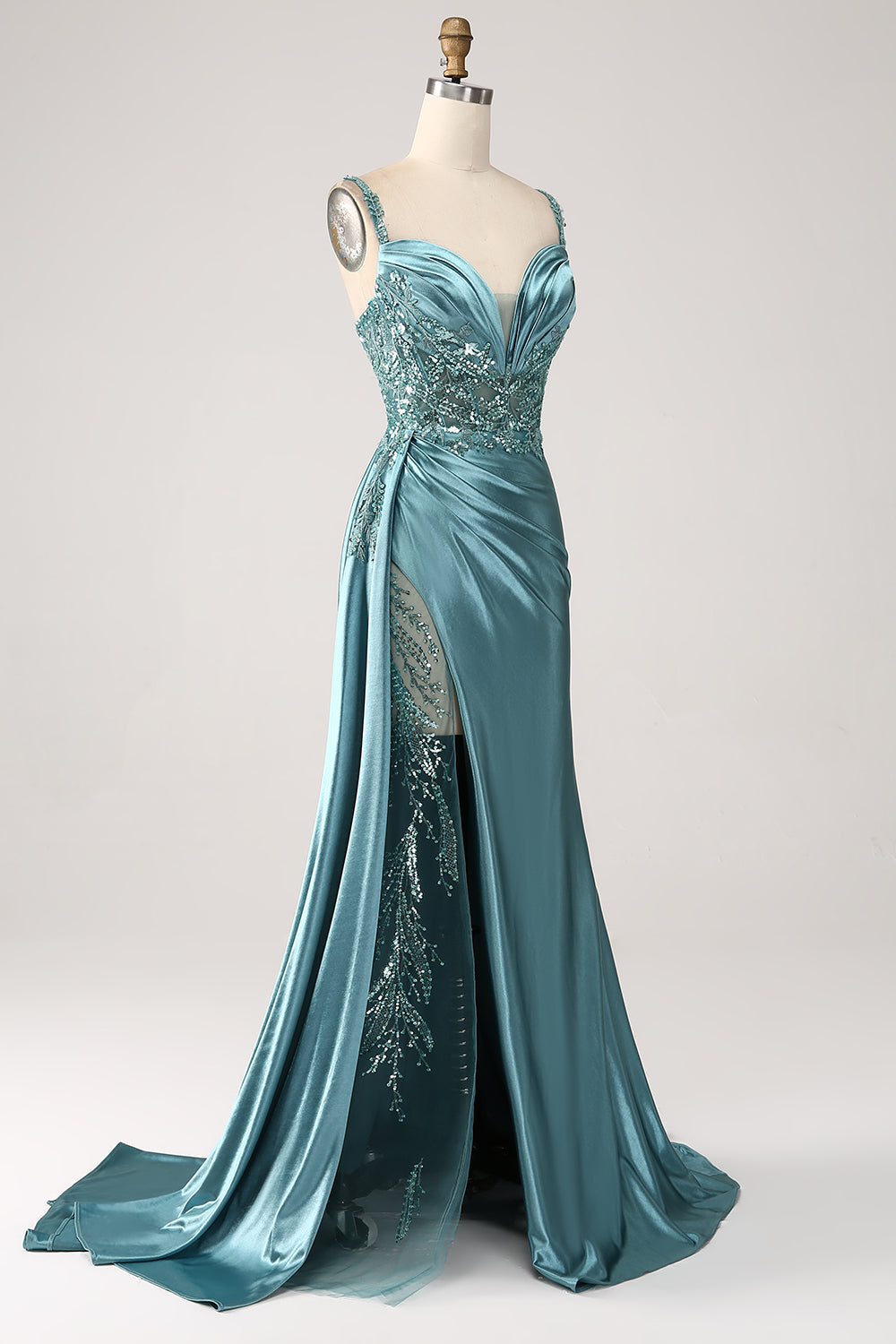 Blue Mermaid V-Neck Satin Long Appliques Sequin Ball Dress With Slit
