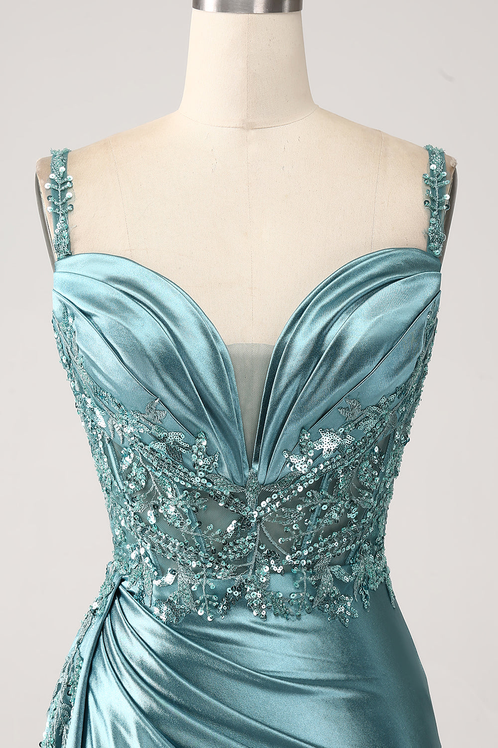 Blue Mermaid V-Neck Satin Long Appliques Sequin Ball Dress With Slit