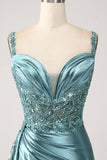 Blue Mermaid V-Neck Satin Long Appliques Sequin Ball Dress With Slit