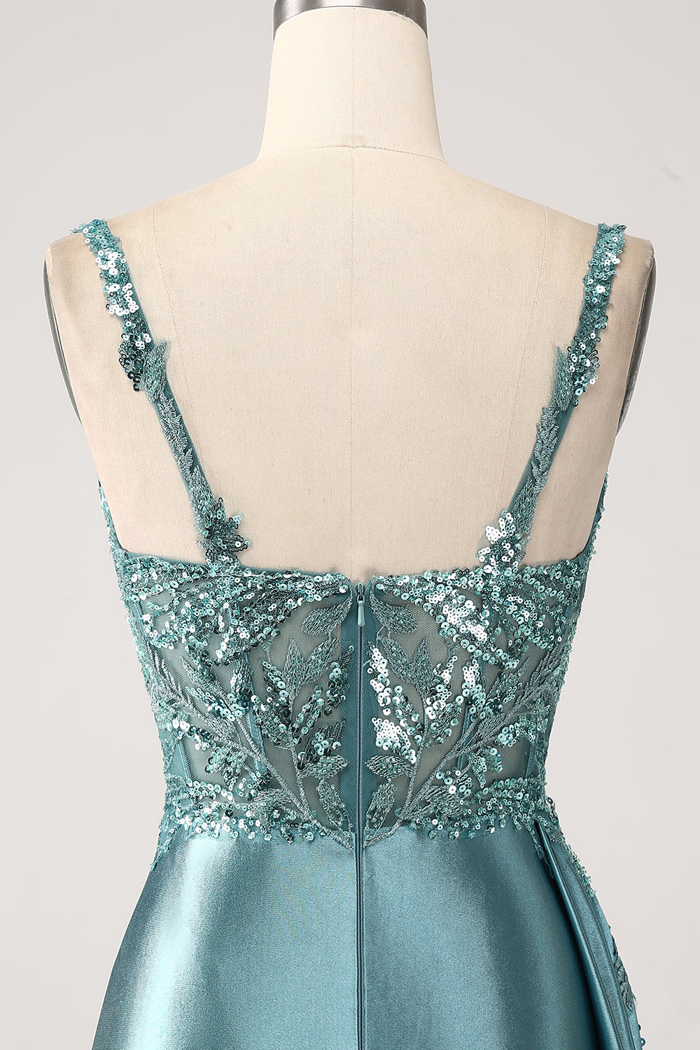 Blue Mermaid V-Neck Satin Long Appliques Sequin Ball Dress With Slit