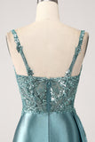 Blue Mermaid V-Neck Satin Long Appliques Sequin Ball Dress With Slit