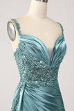 Blue Mermaid V-Neck Satin Long Appliques Sequin Ball Dress With Slit