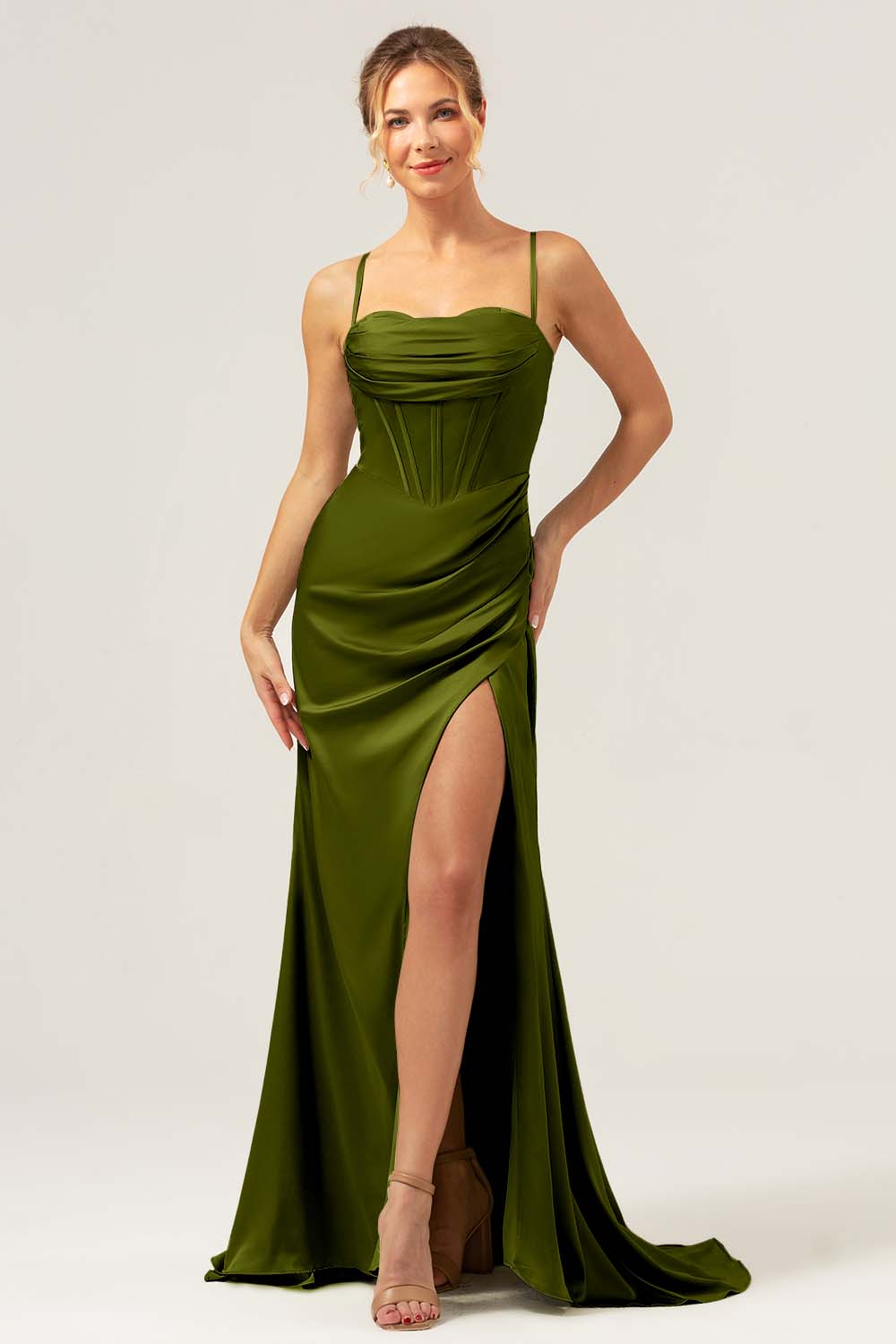 Sage Mermaid Spaghetti Straps Corset Satin Bridesmaid Dress with Slit