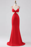 Spaghetti Straps Mermaid Backless Red Ball Dress