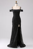 Black Mermaid Cold Shoulder Long Ball Dress with Slit