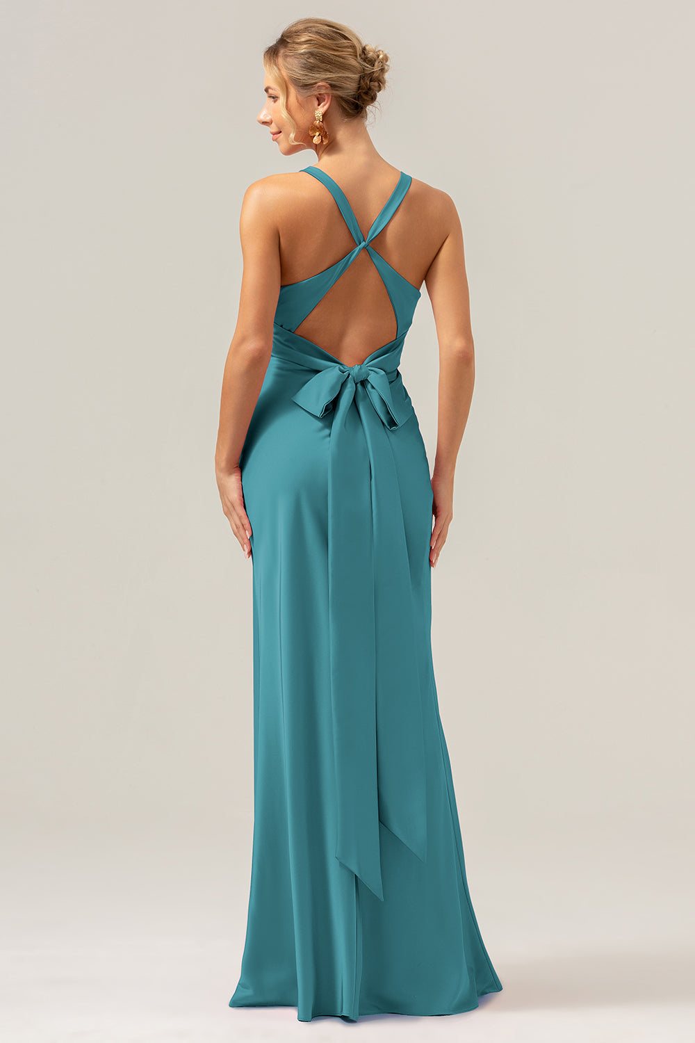 Dark Green Sheath V Neck Ruched Satin Long Bridesmaid Dress with Lace Up Back