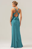 Dark Green Sheath V Neck Ruched Satin Long Bridesmaid Dress with Lace Up Back
