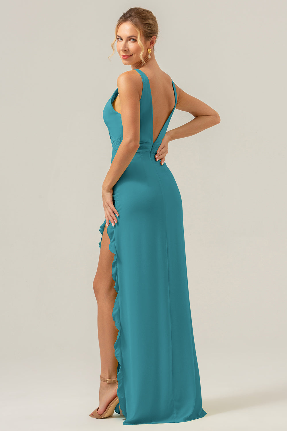 Dark Green Sheath Deep V Neck Backless Long Bridesmaid Dress with Ruffle Slit
