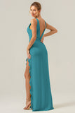 Dark Green Sheath Deep V Neck Backless Long Bridesmaid Dress with Ruffle Slit