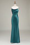 Dusty Blue Sheath Spaghetti Straps Satin Long Bridesmaid Dress