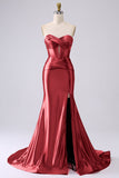 Sparkly Red Mermaid Sweetheart Corset Long Ball Dress with Slit