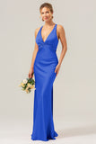 Royal Blue Sheath V Neck Ruched Satin Long Bridesmaid Dress with Lace Up Back