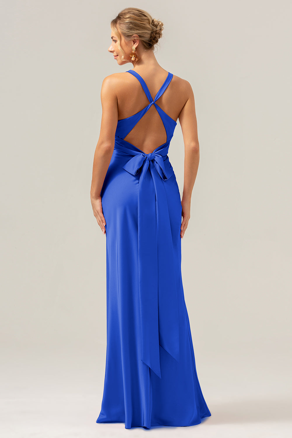 Royal Blue Sheath V Neck Ruched Satin Long Bridesmaid Dress with Lace Up Back