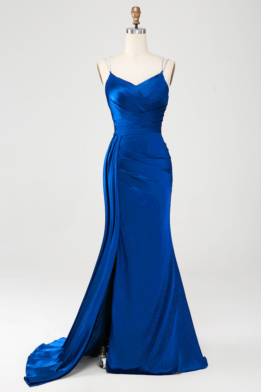 Navy Mermaid Spaghetti Straps Corset Pleated Long Ball Dress with Slit