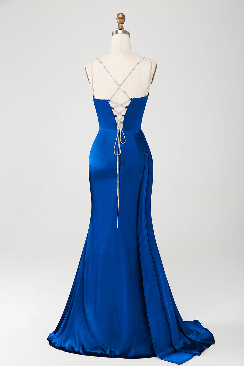 Navy Mermaid Spaghetti Straps Corset Pleated Long Ball Dress with Slit