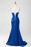 Navy Mermaid Spaghetti Straps Corset Pleated Long Ball Dress with Slit