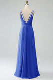 Royal Blue A-Line Spaghetti Straps Pleated Chiffon Long Bridesmaid Dress