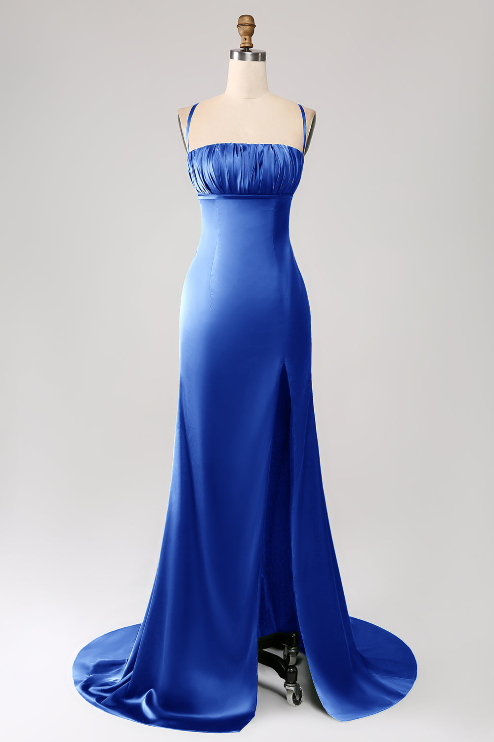 Dusty Sage Mermaid Spaghetti Straps Satin Ball Dress with Pleated