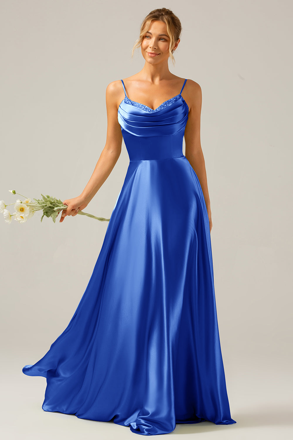 Dark Green A Line Cowl Neck Satin Pleated Long Ball Dress