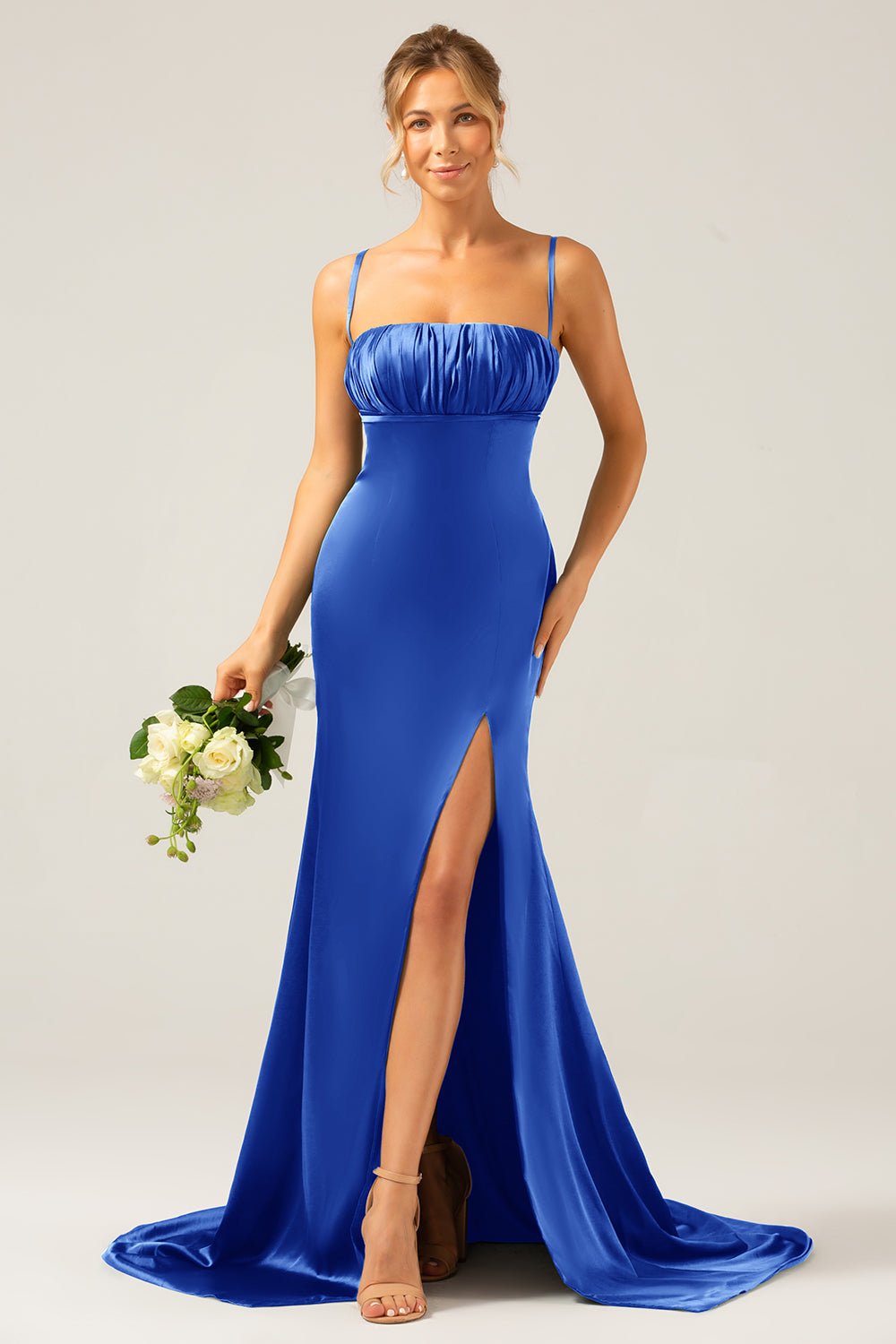 Dusty Sage Mermaid Spaghetti Straps Satin Pleated Ball Dress