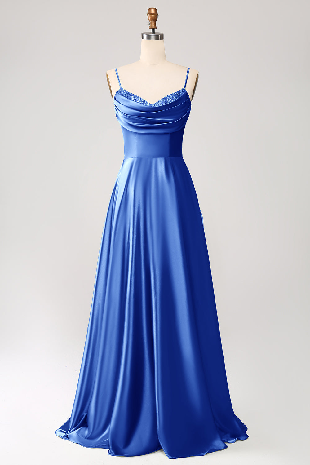 Dark Green A Line Cowl Neck Satin Long Ball Dress with Pleated
