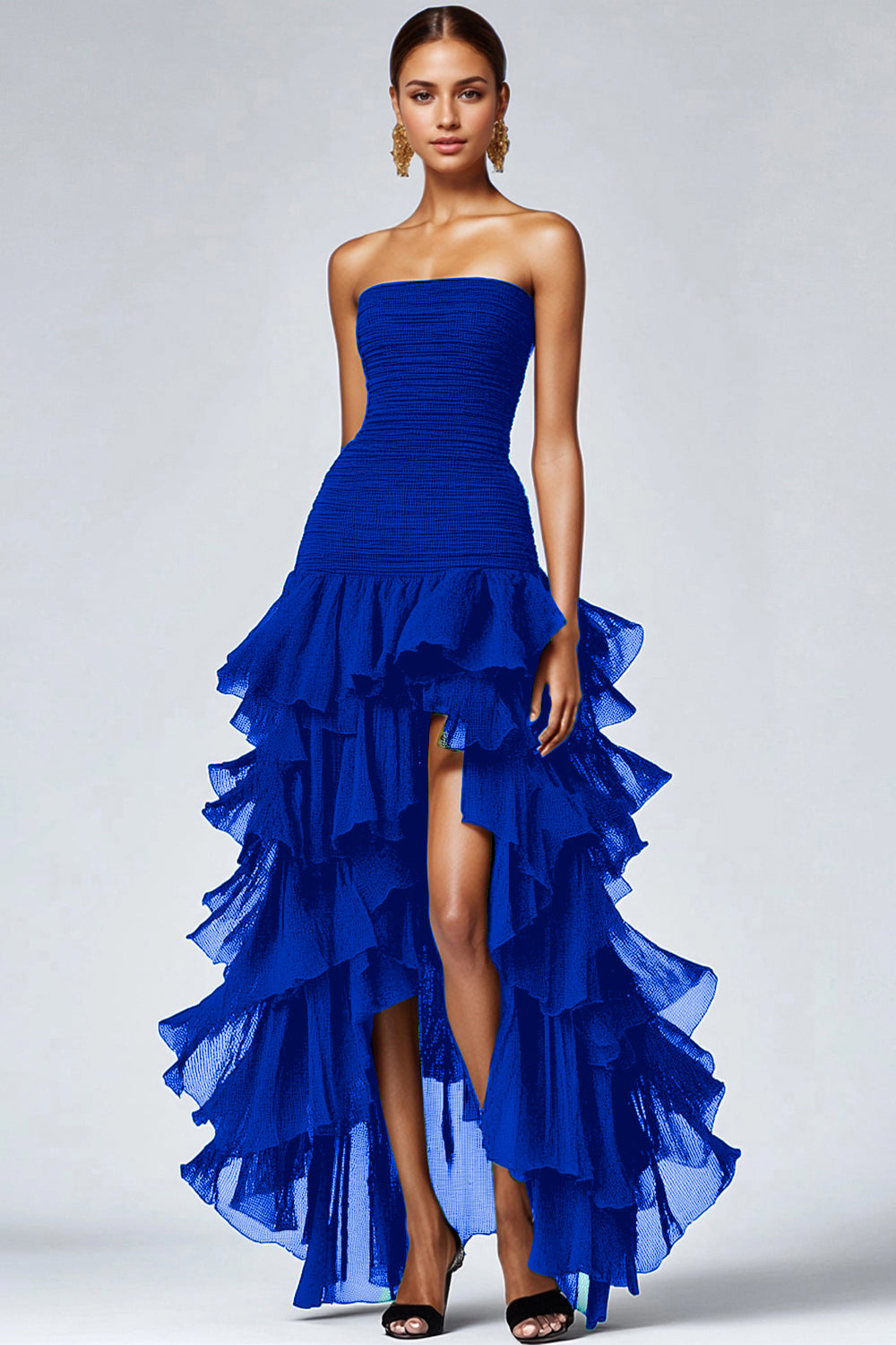 Strapless Black Tiered Ruffles Tulle Formal Dress
