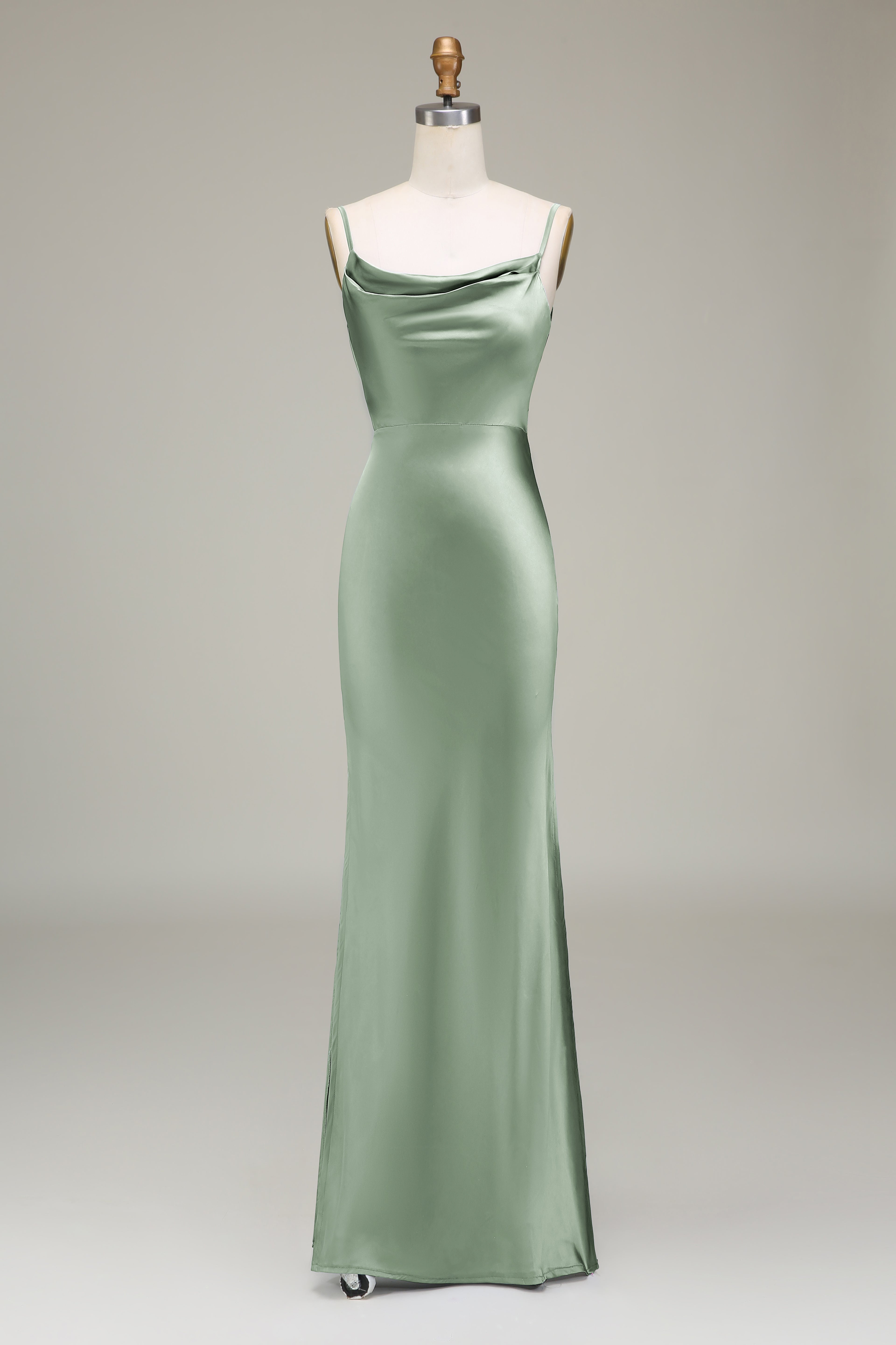 Dusty Blue Sheath Spaghetti Straps Satin Long Bridesmaid Dress