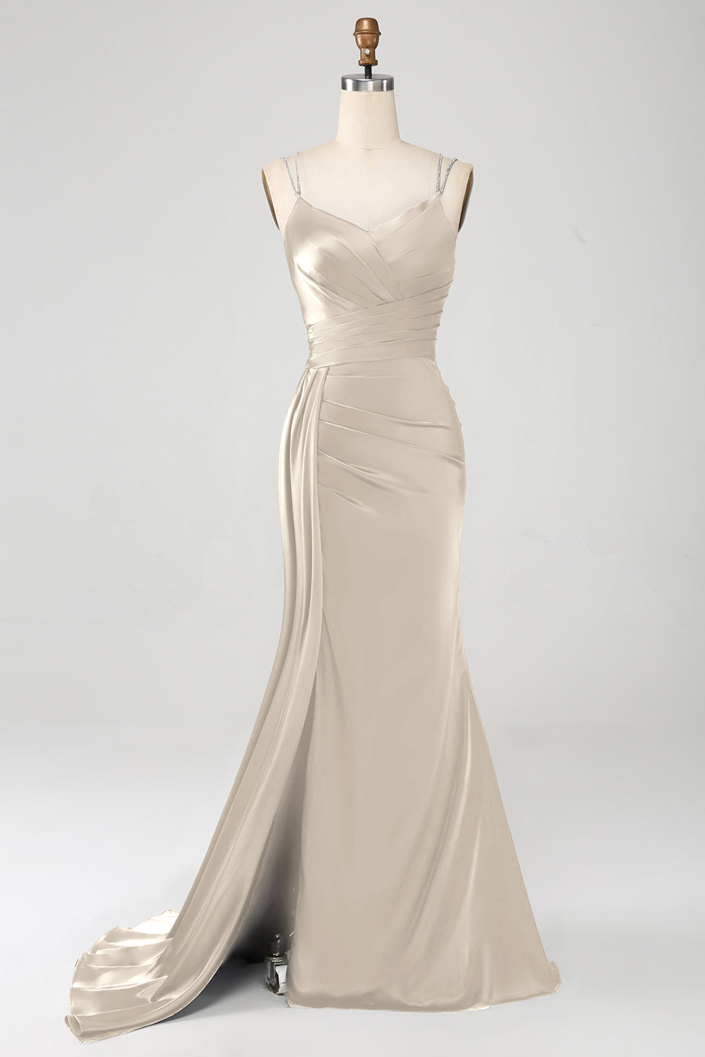 Navy Mermaid Spaghetti Straps Corset Pleated Long Ball Dress with Slit