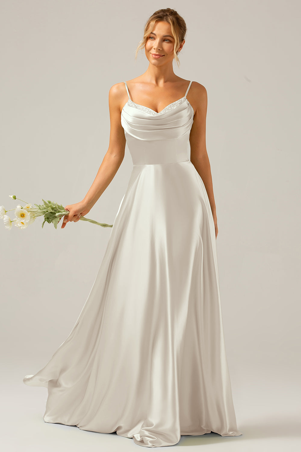 Dark Green A Line Cowl Neck Satin Pleated Long Ball Dress